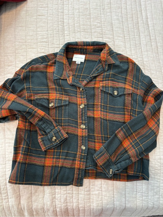 American Eagle Outfitters Tops - American Eagle Gray Plaid Shirt Jacket with Orange and Pink Accents